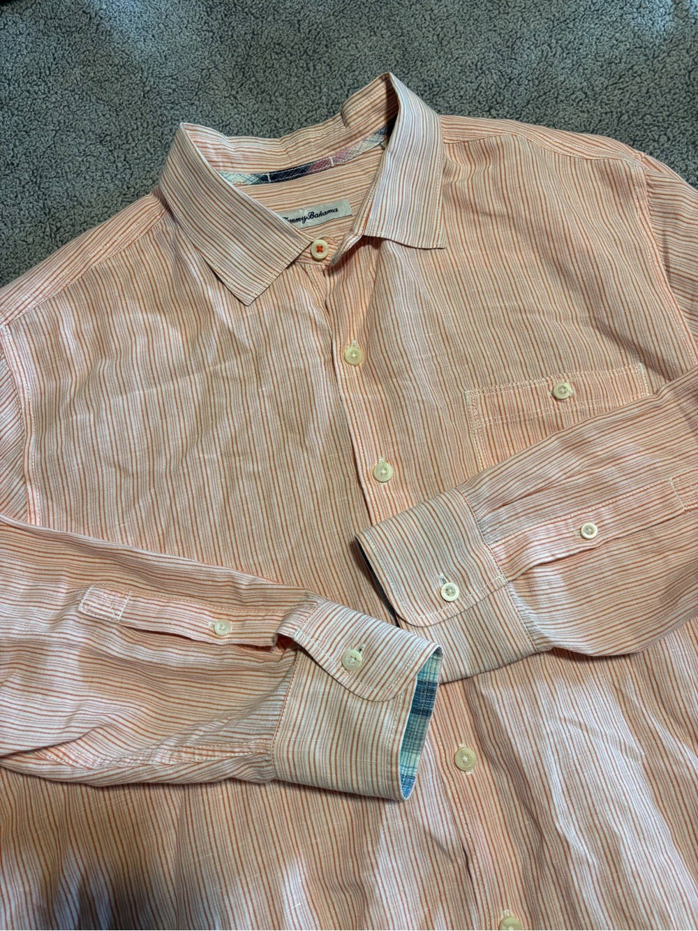 Tommy Bahama Linen Peach Striped Long-Sleeve Shirt XL Beach Summer